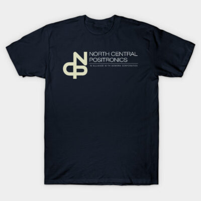 Navy blue T-shirt with "North Central Positronics" logo, casual fit, cotton material, perfect for everyday wear.
