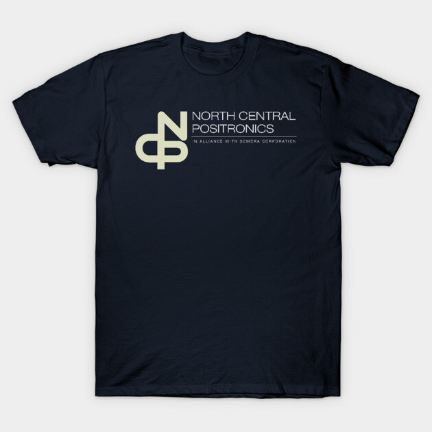 Navy blue T-shirt with "North Central Positronics" logo, casual fit, cotton material, perfect for everyday wear.