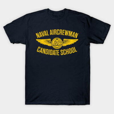 Navy blue t-shirt with "Naval Aircrewman Candidate School" in yellow text, featuring winged emblem, cotton material.