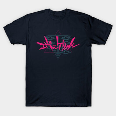 Navy blue graphic t-shirt with pink and teal geometric design, casual style, ideal for everyday wear.