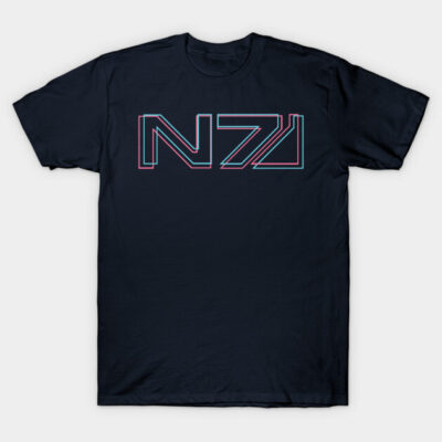 Navy graphic T-shirt featuring "N7" text in a bold, futuristic design. Perfect for casual wear and fans of sci-fi themes.