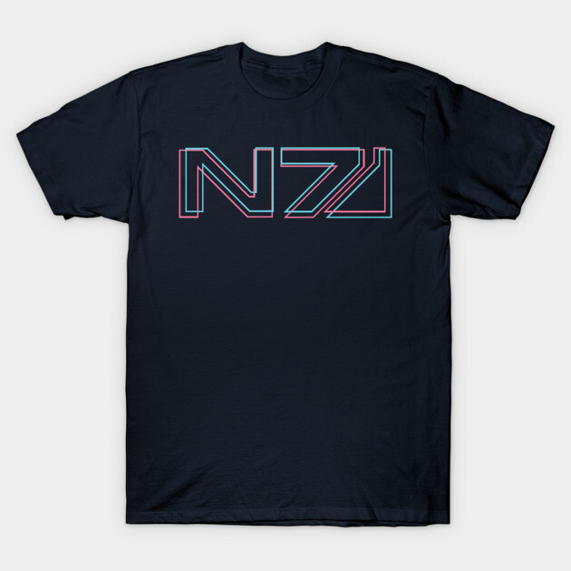 Navy graphic T-shirt featuring "N7" text in a bold, futuristic design. Perfect for casual wear and fans of sci-fi themes.