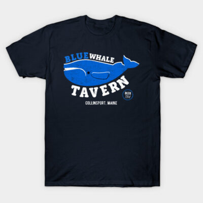 Navy blue t-shirt with "Blue Whale Tavern" graphic, casual style, made of soft cotton, perfect for everyday wear.
