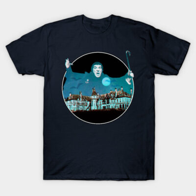 "Dark blue graphic T-shirt featuring spooky night scene with bats and moon, perfect for casual wear or Halloween events."
