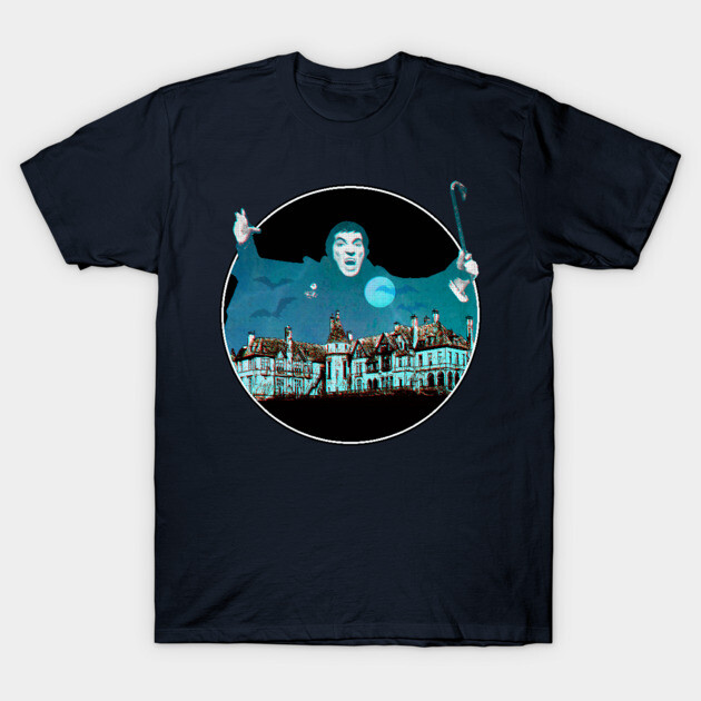 "Dark blue graphic T-shirt featuring spooky night scene with bats and moon, perfect for casual wear or Halloween events."