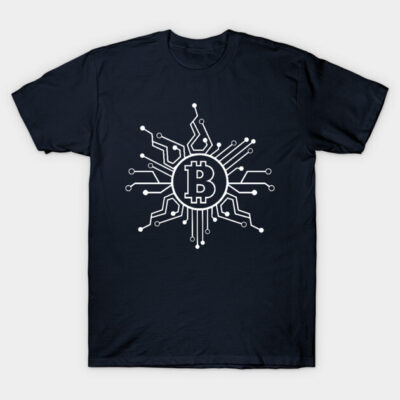 Navy blue t-shirt with white Bitcoin circuit design, casual style, ideal for cryptocurrency enthusiasts and tech fans.