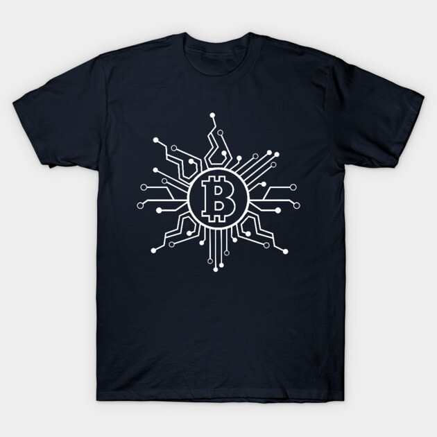 Navy blue t-shirt with white Bitcoin circuit design, casual style, ideal for cryptocurrency enthusiasts and tech fans.