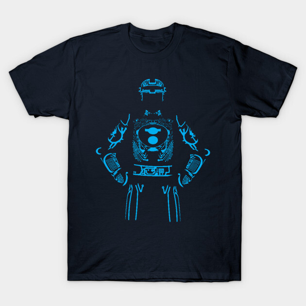 Navy blue t-shirt with neon blue abstract robot design, casual unisex style, perfect for sci-fi enthusiasts.