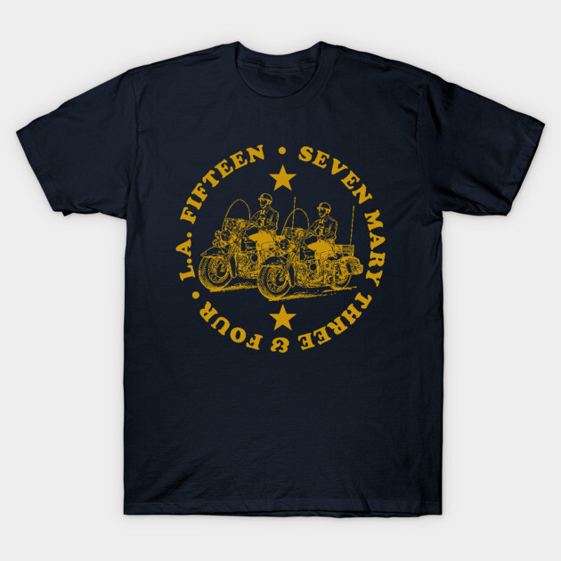 Navy blue t-shirt with yellow motorcycle graphic and text, vintage style, casual wear, soft cotton material.