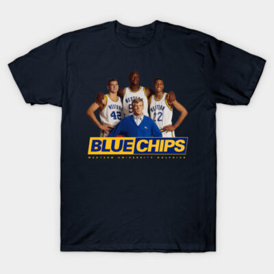 Black "Blue Chips" t-shirt featuring basketball team graphic, casual wear, cotton material, sports-themed design.