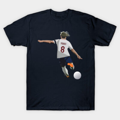 Navy blue T-shirt with soccer player graphic, featuring a white jersey and ball. Casual sportswear for fans.
