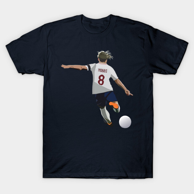 Navy blue T-shirt with soccer player graphic, featuring a white jersey and ball. Casual sportswear for fans.
