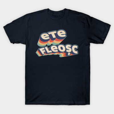 Navy blue T-shirt with colorful retro text design, casual style, cotton material, ideal for everyday wear.