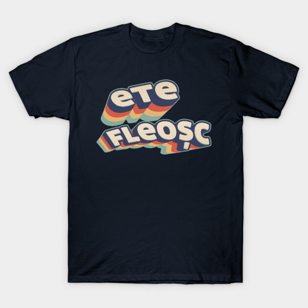 Navy blue T-shirt with colorful retro text design, casual style, cotton material, ideal for everyday wear.