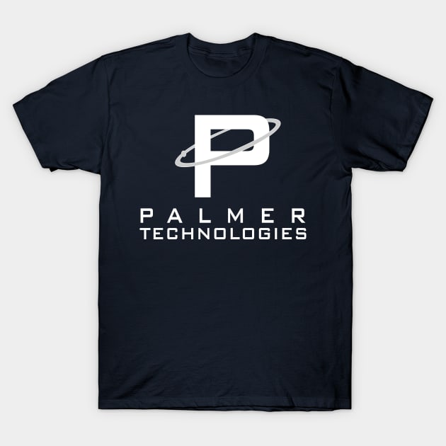 Navy blue t-shirt with white "Palmer Technologies" logo, casual style, cotton material, unisex design.