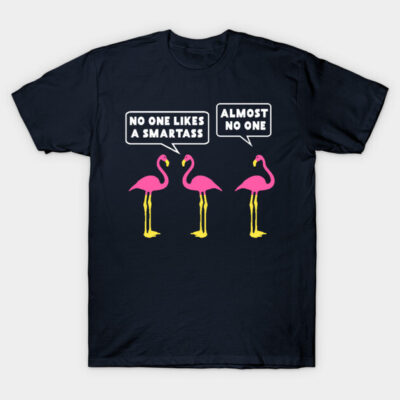 Navy blue t-shirt with pink flamingo graphic and humorous text, casual style, cotton material, unisex design.