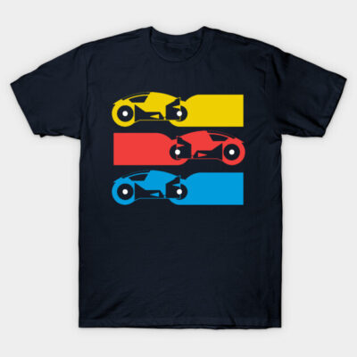 Black t-shirt with colorful geometric motorcycle design in yellow, red, and blue, casual wear, cotton material.