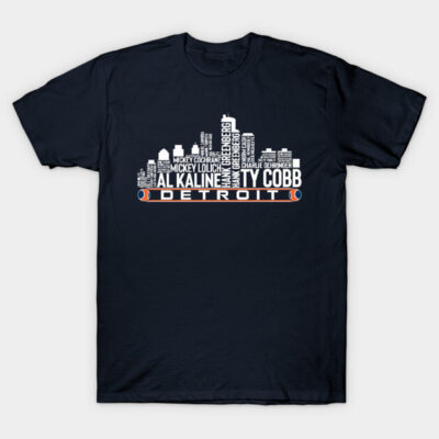 Navy blue Detroit skyline graphic t-shirt, cotton, casual wear, cityscape design, unisex style, comfortable fit.