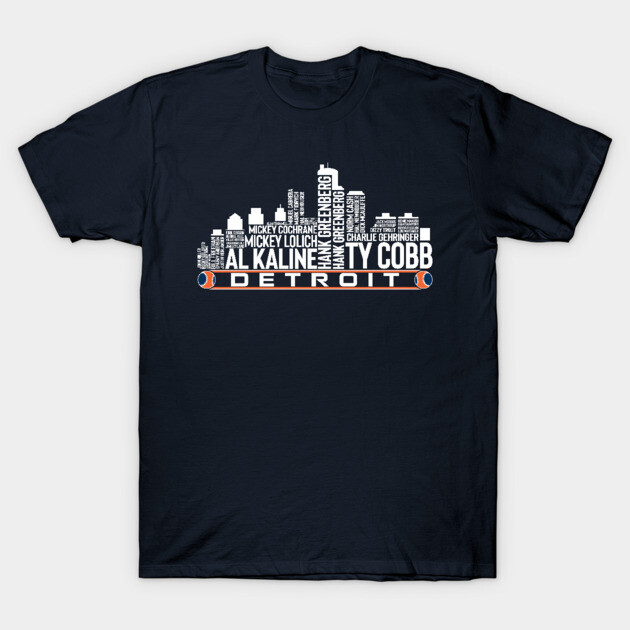 Navy blue Detroit skyline graphic t-shirt, cotton, casual wear, cityscape design, unisex style, comfortable fit.