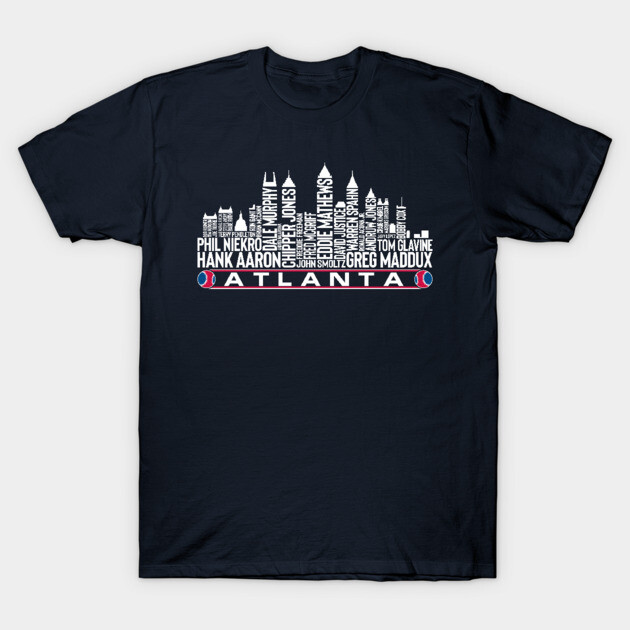 Navy blue t-shirt with Atlanta skyline and text graphic design, casual style, cotton material, unisex fit.