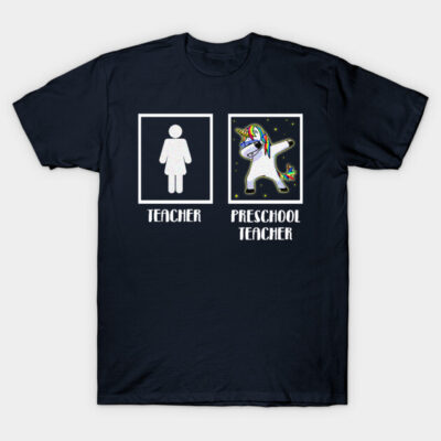 Navy blue t-shirt with teacher and preschool teacher unicorn graphic, ideal for educators, cotton material.