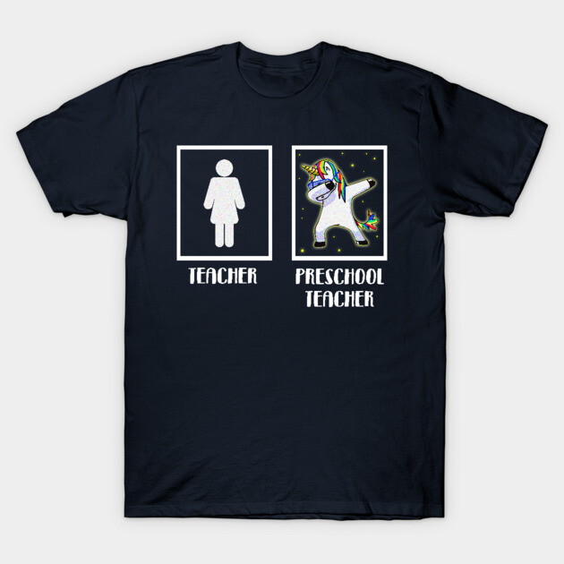 Navy blue t-shirt with teacher and preschool teacher unicorn graphic, ideal for educators, cotton material.