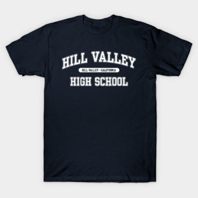 Navy blue "Hill Valley High School" t-shirt, casual style, cotton fabric, perfect for everyday wear.