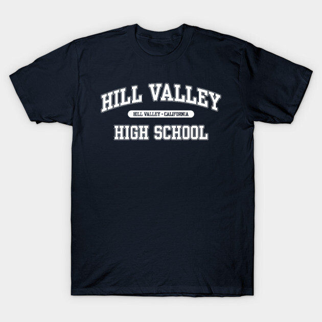 Navy blue "Hill Valley High School" t-shirt, casual style, cotton fabric, perfect for everyday wear.