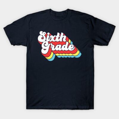 Navy blue t-shirt with colorful "Sixth Grade" text, casual style, ideal for schoolwear, soft cotton material.
