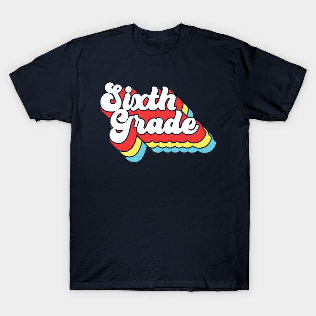 Navy blue t-shirt with colorful "Sixth Grade" text, casual style, ideal for schoolwear, soft cotton material.