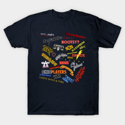 Black graphic t-shirt featuring colorful retro band logos, casual style, perfect for music enthusiasts and everyday wear.