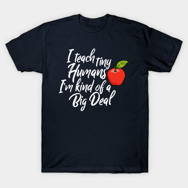 Navy blue teacher-themed t-shirt with apple graphic and motivational quote, casual cotton apparel for educators.