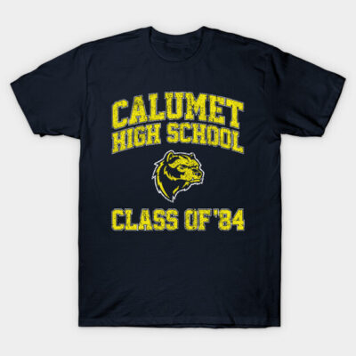"Calumet High School Class of '84 navy t-shirt, yellow text, casual wear, cotton material, vintage style design."