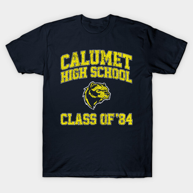 "Calumet High School Class of '84 navy t-shirt, yellow text, casual wear, cotton material, vintage style design."