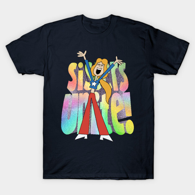 Navy blue t-shirt with colorful "Sisters Unite" graphic, featuring a retro cartoon design, perfect for casual wear.