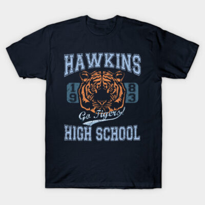 Navy blue Hawkins High School T-shirt with tiger graphic, vintage style, ideal for casual wear.