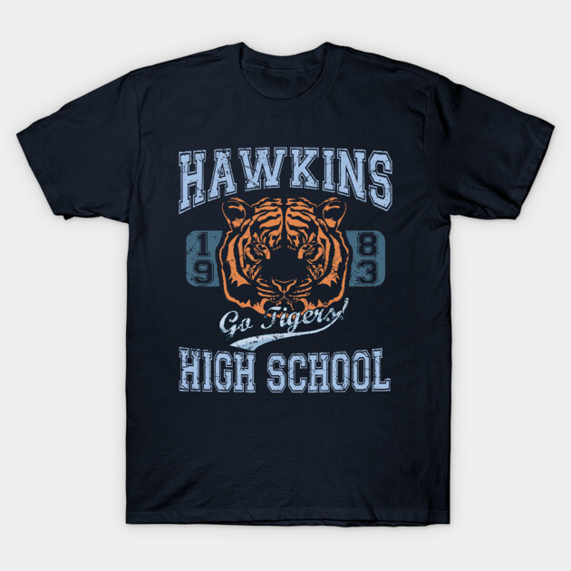 Navy blue Hawkins High School T-shirt with tiger graphic, vintage style, ideal for casual wear.