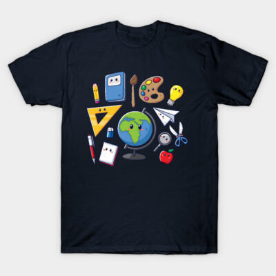 Navy blue t-shirt with colorful school supplies graphic, featuring globe, pencils, and paint palette. Perfect for casual wear.