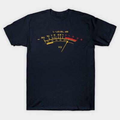 Navy blue t-shirt featuring vintage VU meter design in yellow and red, perfect for music enthusiasts and casual wear.