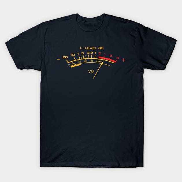 Navy blue t-shirt featuring vintage VU meter design in yellow and red, perfect for music enthusiasts and casual wear.