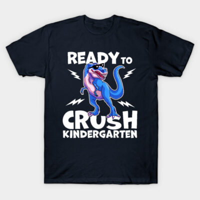 Navy blue t-shirt with cartoon dinosaur and "Ready to Crush Kindergarten" text, perfect for back-to-school kids' wear.