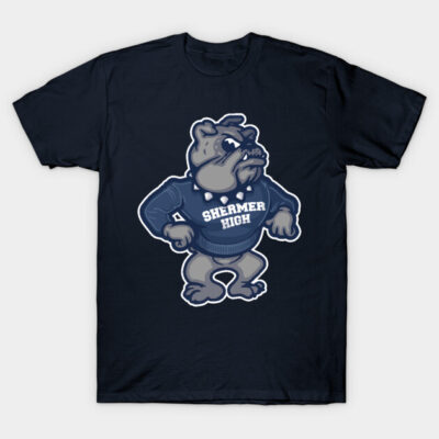 "Black Shermer High bulldog graphic t-shirt, casual style, comfortable cotton fabric, perfect for everyday wear."