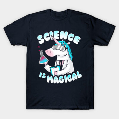 Navy blue T-shirt with "Science is Magical" unicorn design, playful and fun, ideal for casual wear or science enthusiasts.