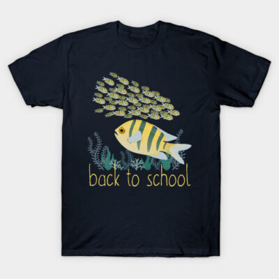 Navy blue graphic T-shirt with fish school design and "back to school" text, casual style, cotton material.