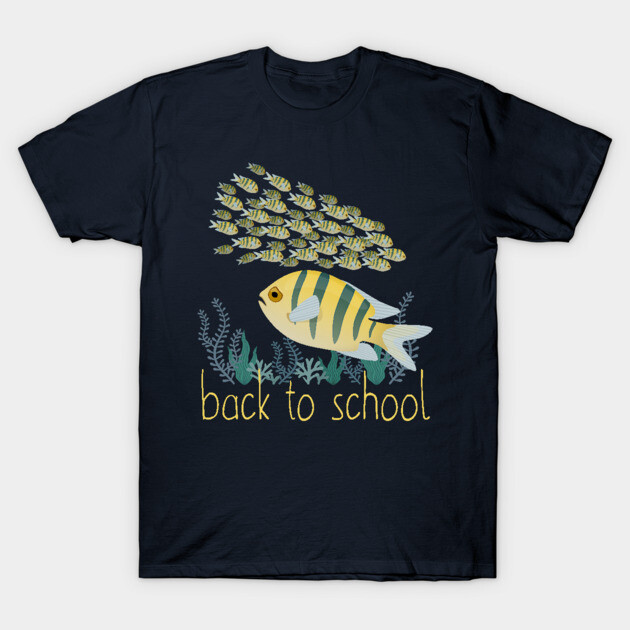 Navy blue graphic T-shirt with fish school design and "back to school" text, casual style, cotton material.