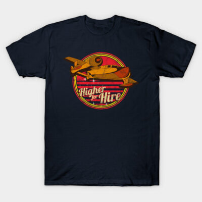 Navy blue t-shirt with vintage airplane design, "Higher for Hire" text, casual cotton apparel for aviation enthusiasts.