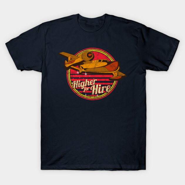 Navy blue t-shirt with vintage airplane design, "Higher for Hire" text, casual cotton apparel for aviation enthusiasts.