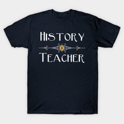 Navy blue "History Teacher" t-shirt with decorative text design, ideal for educators, made from soft cotton material.