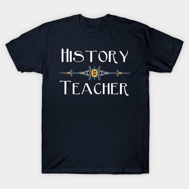 Navy blue "History Teacher" t-shirt with decorative text design, ideal for educators, made from soft cotton material.