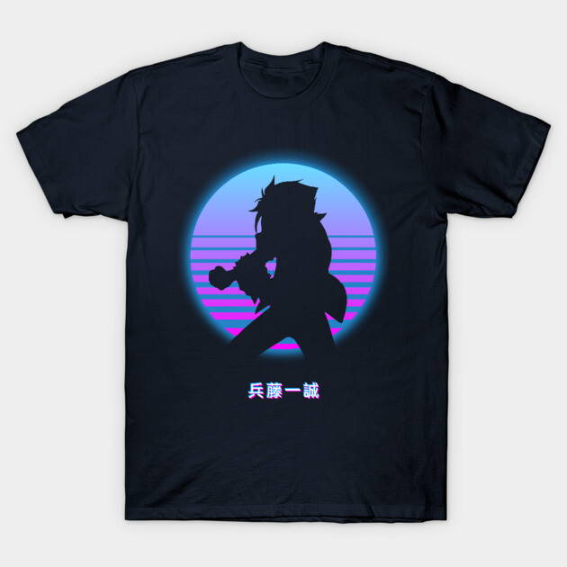 Black t-shirt with retro anime silhouette design and Japanese text, stylish casual wear, cotton material.